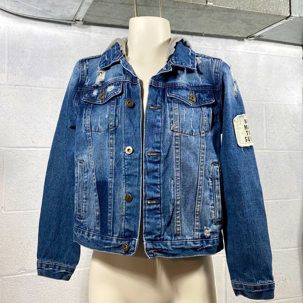 Dex distressed jeans jacket with removable hood